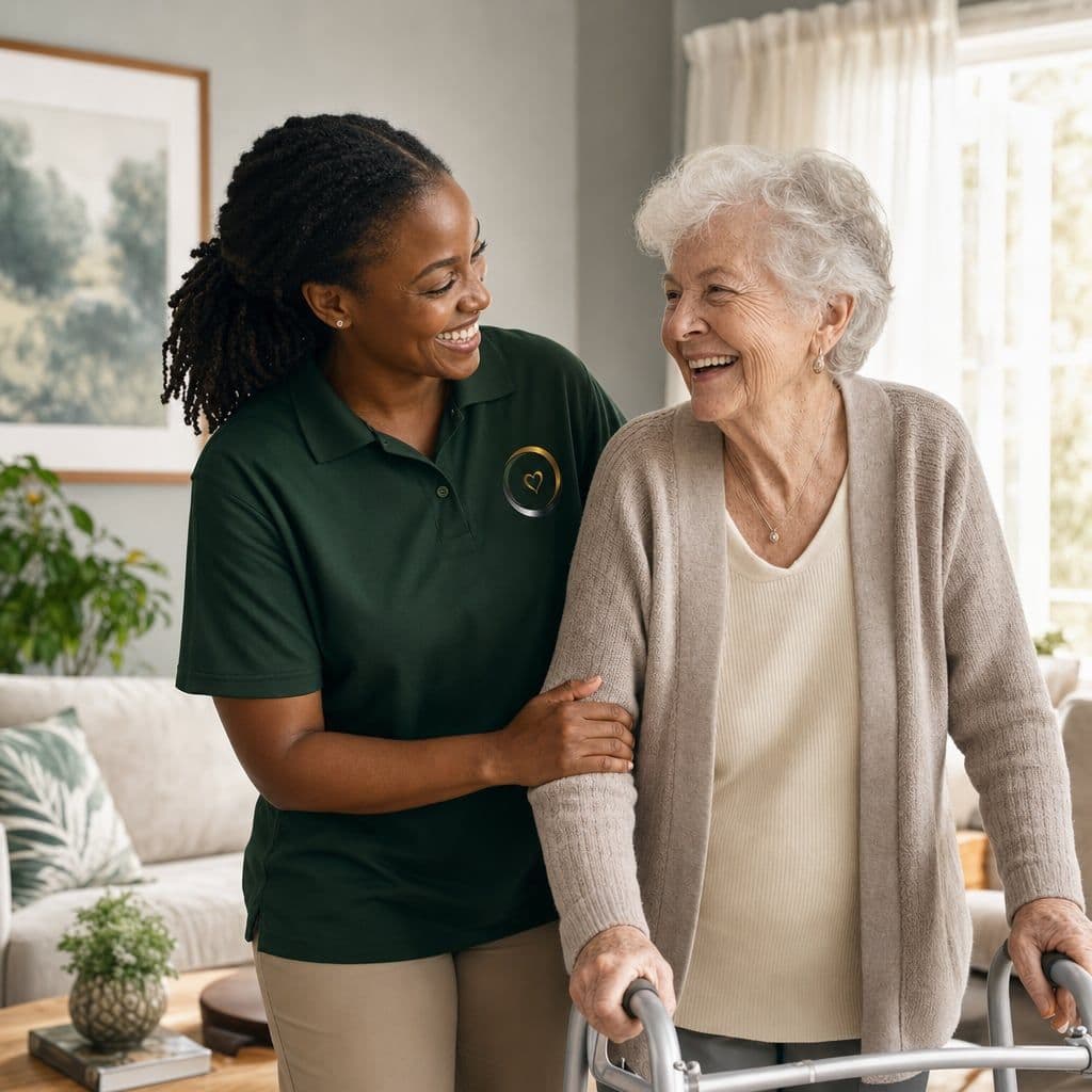A Circles of Life caregiver helping a smiling senior using a walker at home
