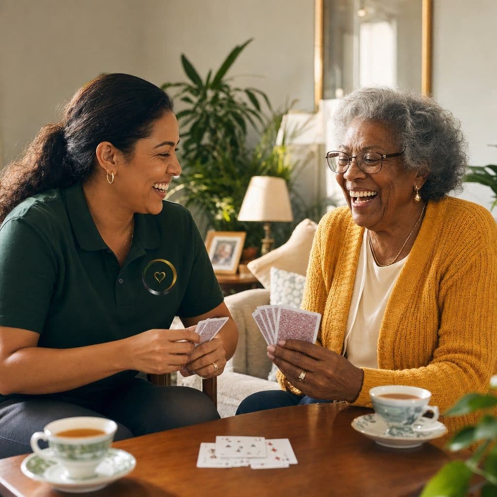 A caregiver and a senior woman laughing together over a card game
