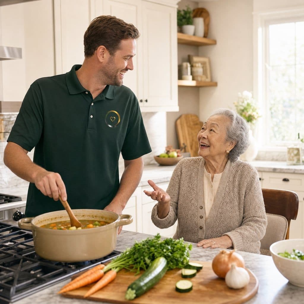 A caregiver cooking a fresh meal while chatting with a senior woman in her kitchen