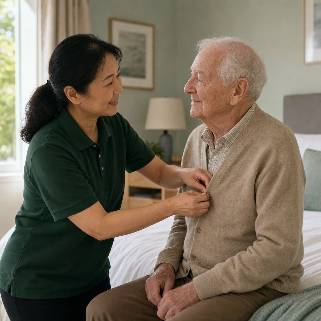 A caregiver helping a senior get dressed for the day