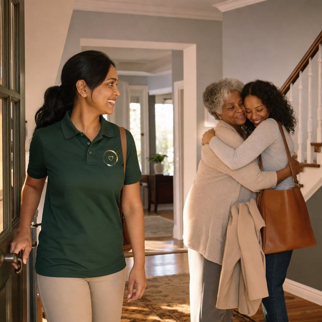 A caregiver greeting a family at the door for respite care