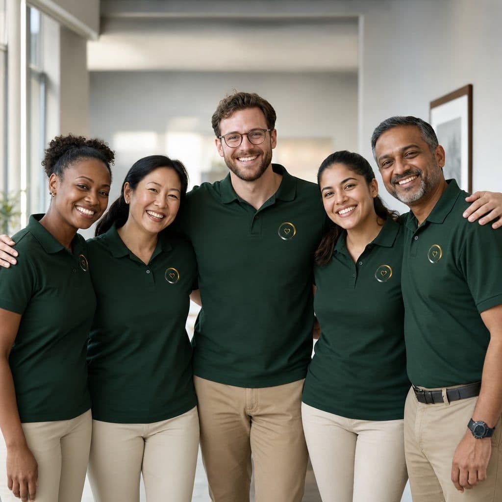 Five smiling Circles of Life caregivers, arms around each other, in matching green polos
