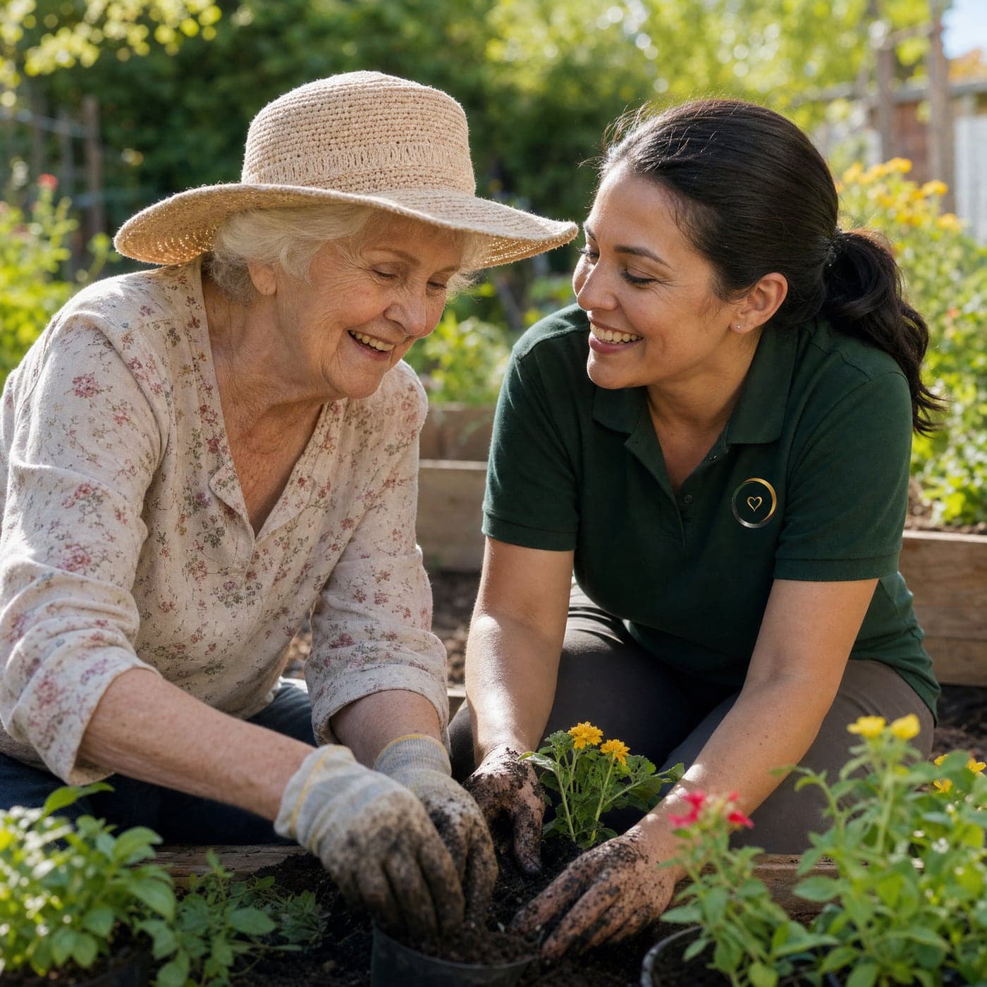 A caregiver and senior planting flowers together in a backyard garden