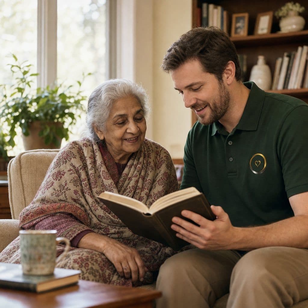A caregiver reading aloud with an elderly woman by a sunny window